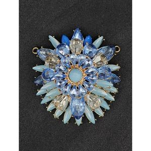 Vintage Blue and Clear Rhinestone Gold-Tone Pendant, Double Shank, Round 2.25"